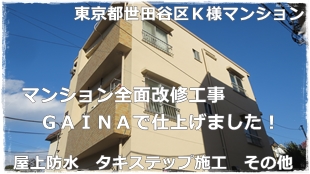 東京都世田谷区3階建てマンション ガイナ外壁塗装とタキステップ5Wの施工