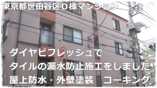 東京都世田谷区4階建てマンション 雨漏りするタイル面のクリアー防水と屋上のウレタン防水工事